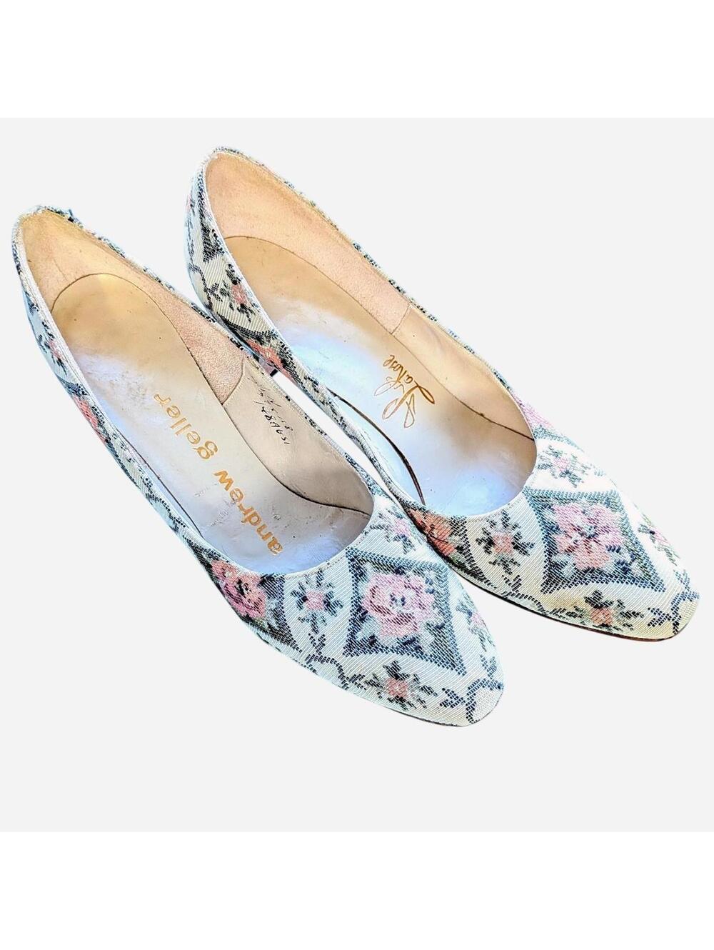 1950s Andrew Geller Laroe Floral Tapestry Pointed Toe Kitten Heel Pumps 7.5